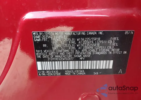 2014 Toyota Rav4 Limited from USA, damaged, VIN 2T3YFREV2EW102817